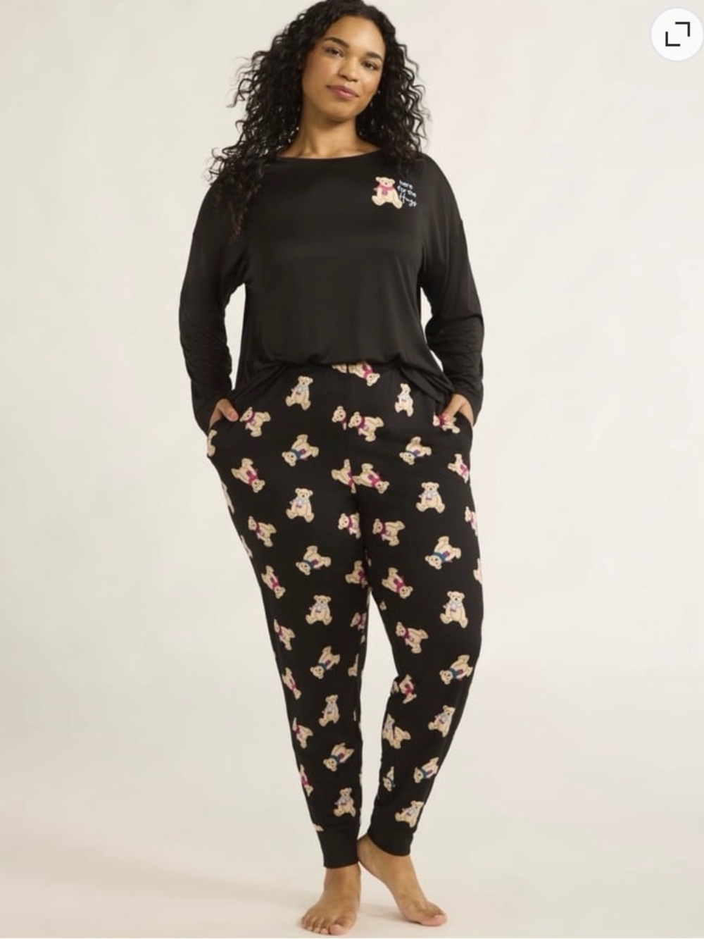 Plus Size Black Bear-Print Long Sleeve Pajama Set